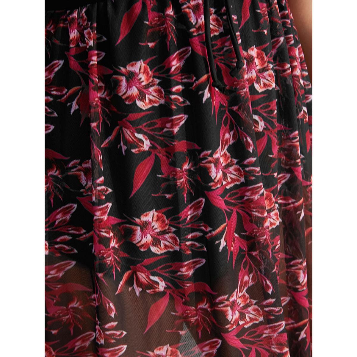 Plus Size Plant Print Drawstring Ruffles Ruched A Line Swim Dress Women's Swimwear Black Vacation Bodycon V-neck High stretch Curve Swim Dresses BloomChic 12/L Product Image