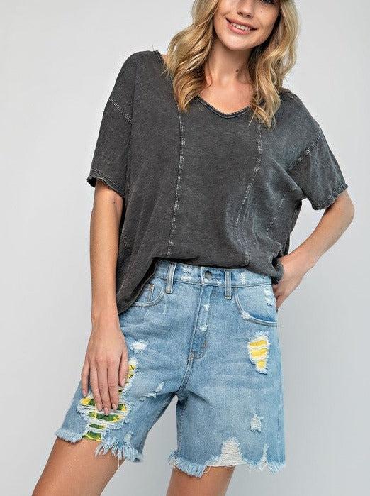 Tropical Destroyed Denim Shorts Product Image