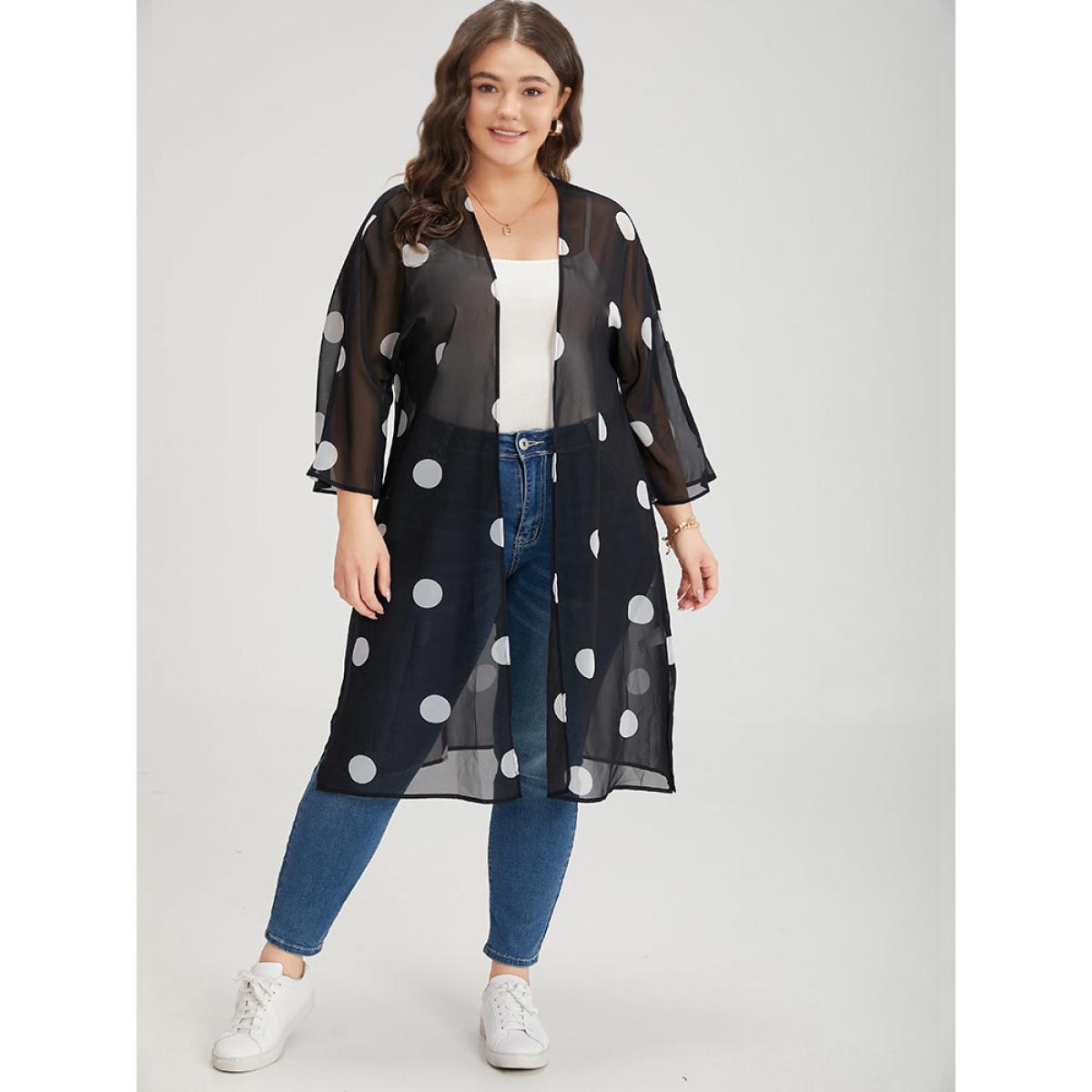 Plus Size Polka Dot Mesh Drape Open Front Kimono Women Black Casual Drape Loose Dailywear Kimonos BloomChic 26/4X Product Image