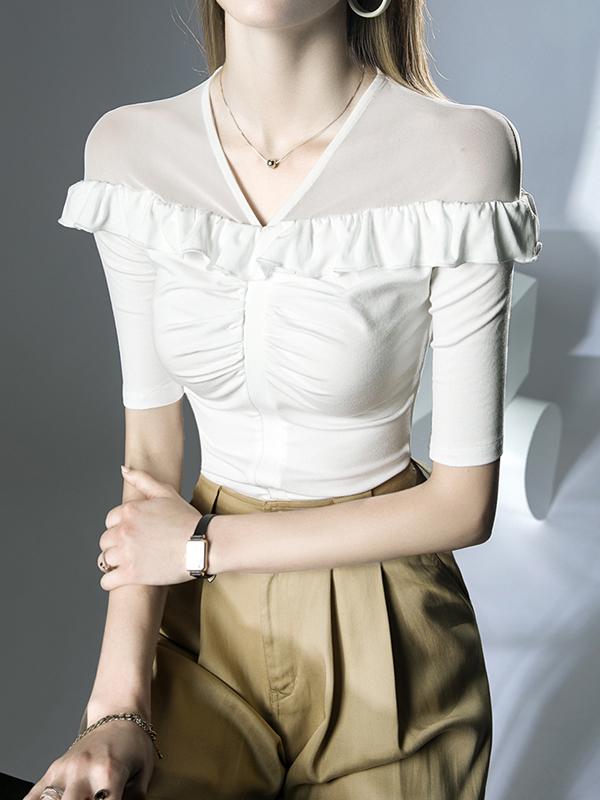 Half Sleeves Skinny Pleated Ruffle Trim Solid Color Split-Joint V-Neck T-Shirts Tops Product Image