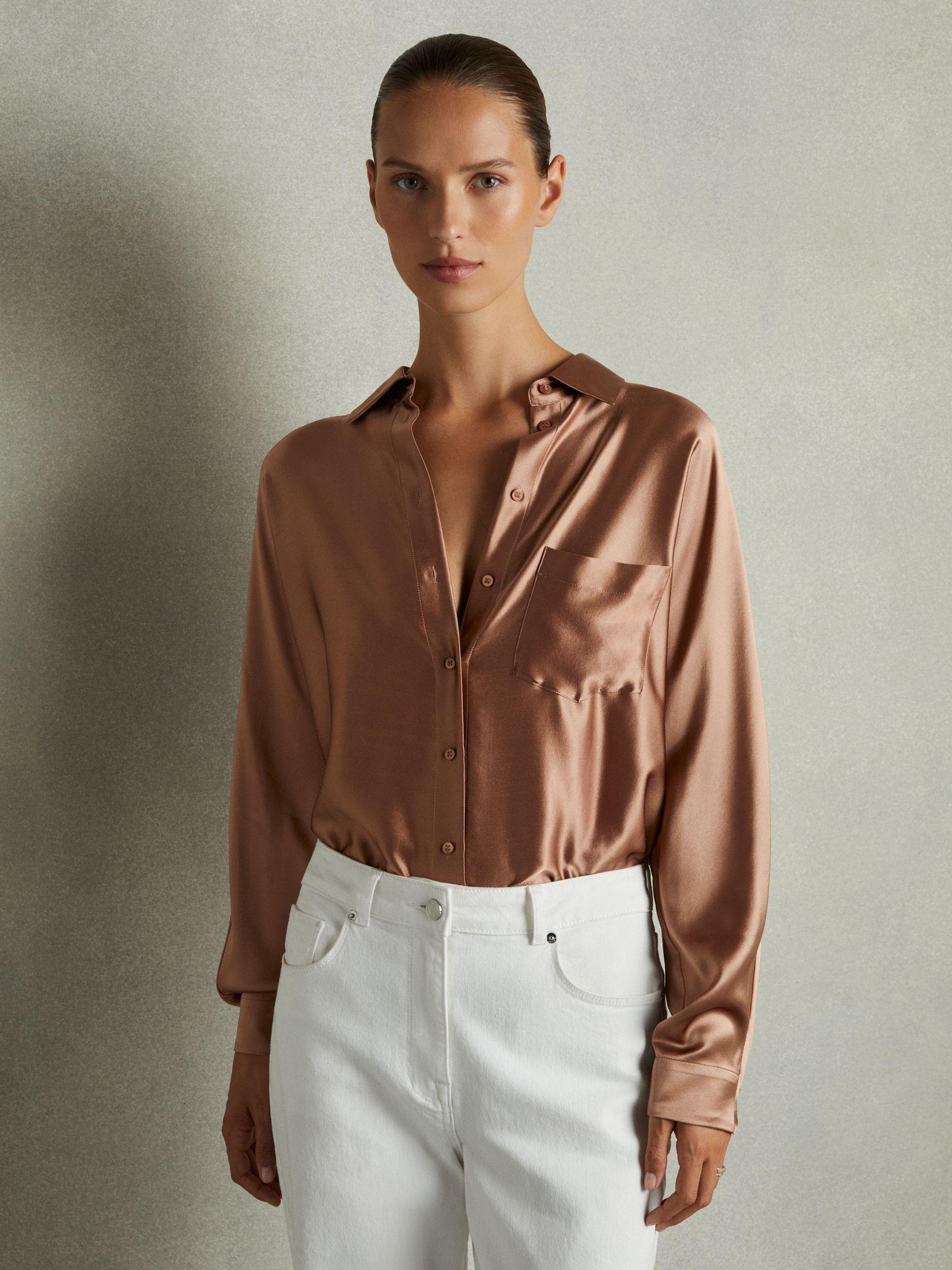 Silk Satin Grown On Sleeve Shirt in Taupe Product Image