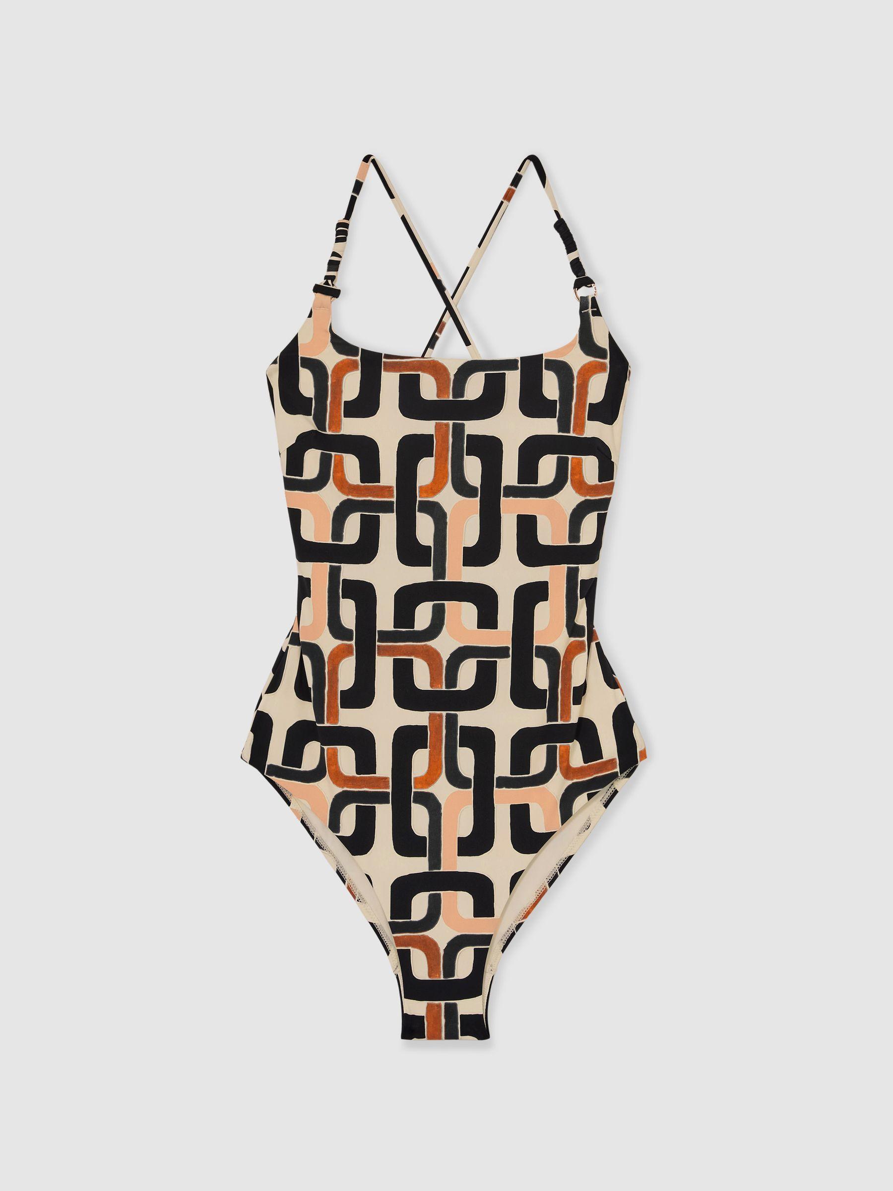 Chain-Print Square-Neck Swimsuit in Brown/Cream Product Image