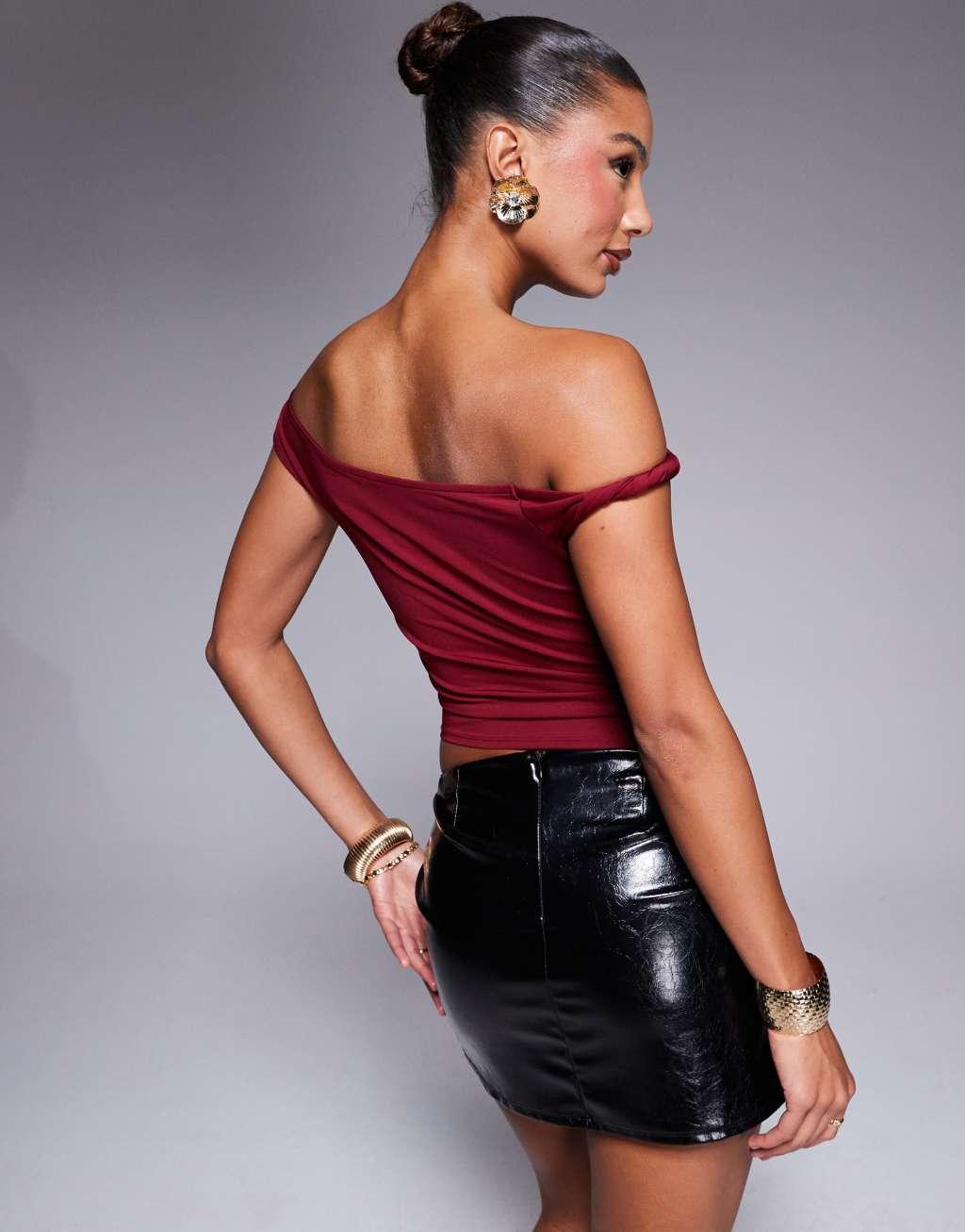 ASOS DESIGN slinky twisted off the shoulder asymmetric top in burgundy  Product Image