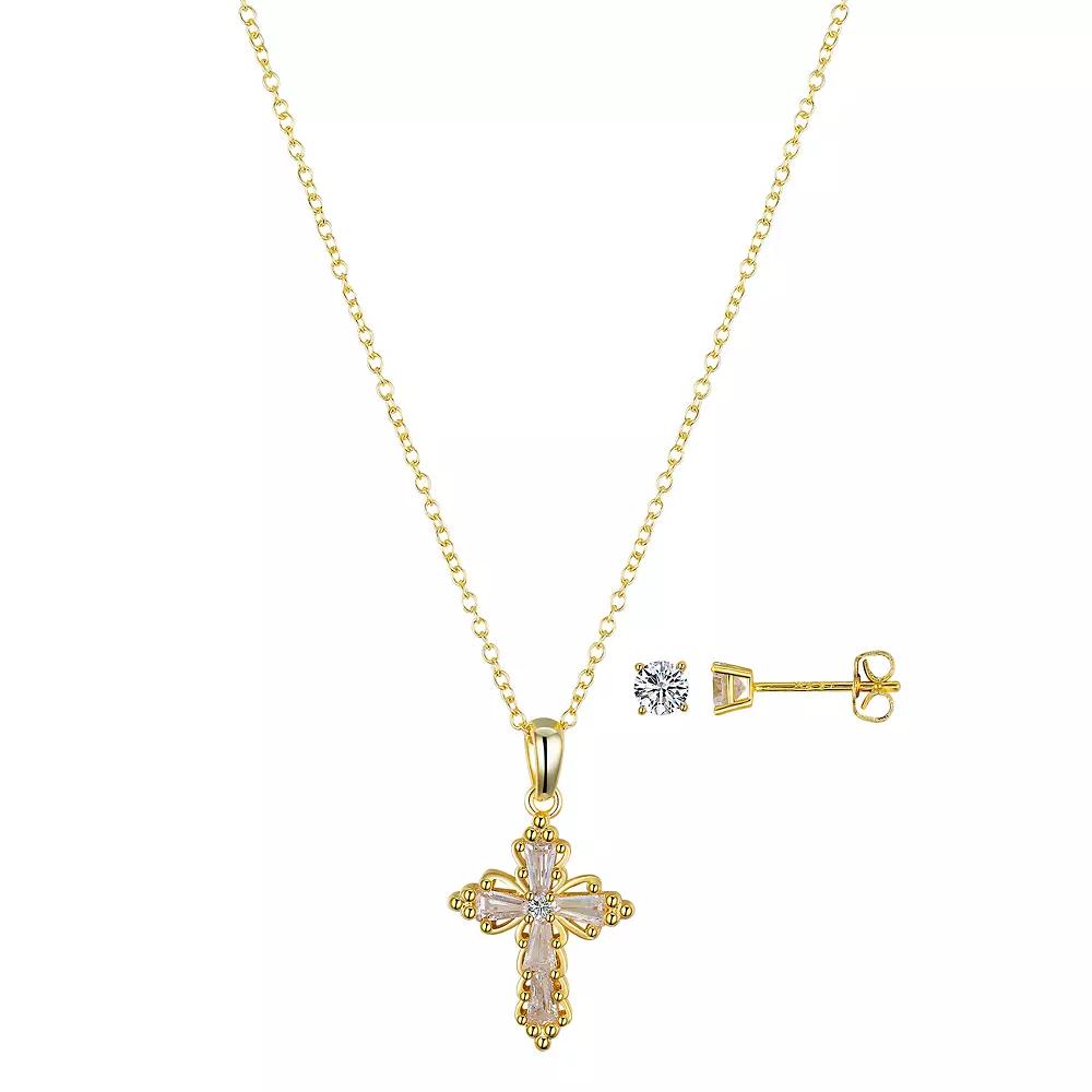 Gratitude & Grace 14k Gold Plated Cubic Zirconia Stud Earrings & Baguette Cross Pendant Necklace Set, Women's, Size: 18", Gold Tone Product Image