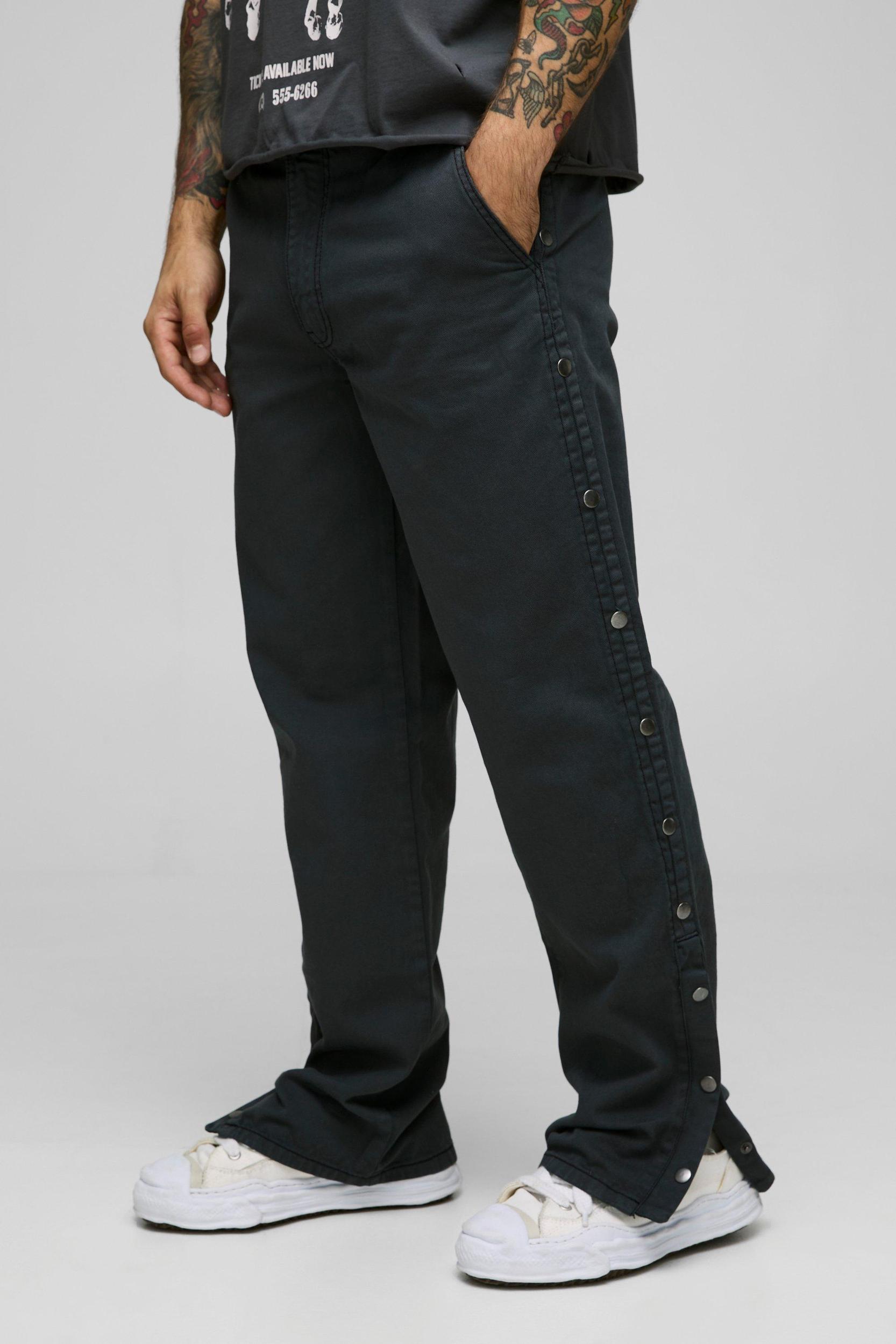 Relaxed Fit Overdyed Twill Popper Hem Trousers | boohooMAN USA Product Image