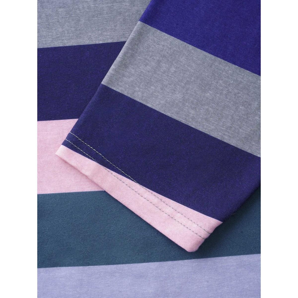 Plus Size Contrast Striped Hooded Drawstring T-shirt Multicolor Women Casual Drawstring Hooded Everyday T-shirts BloomChic 12/L Product Image