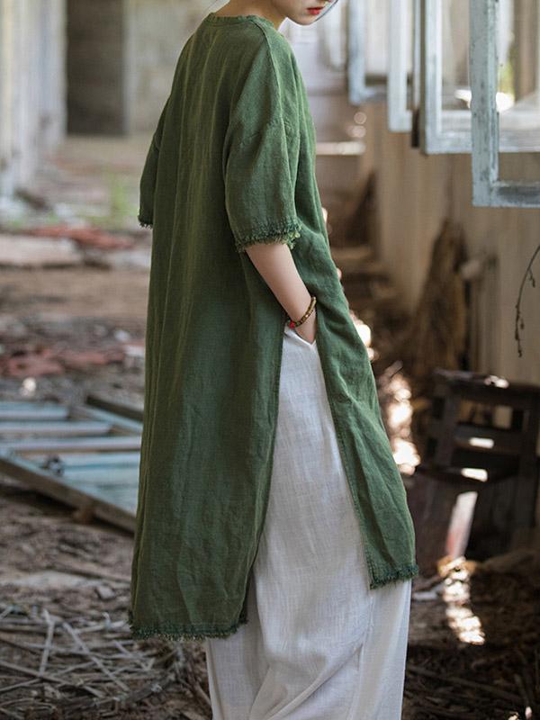 Half Sleeves High-low Fringed Solid Color Split-Joint Split-side Round-neck Midi Dresses Product Image