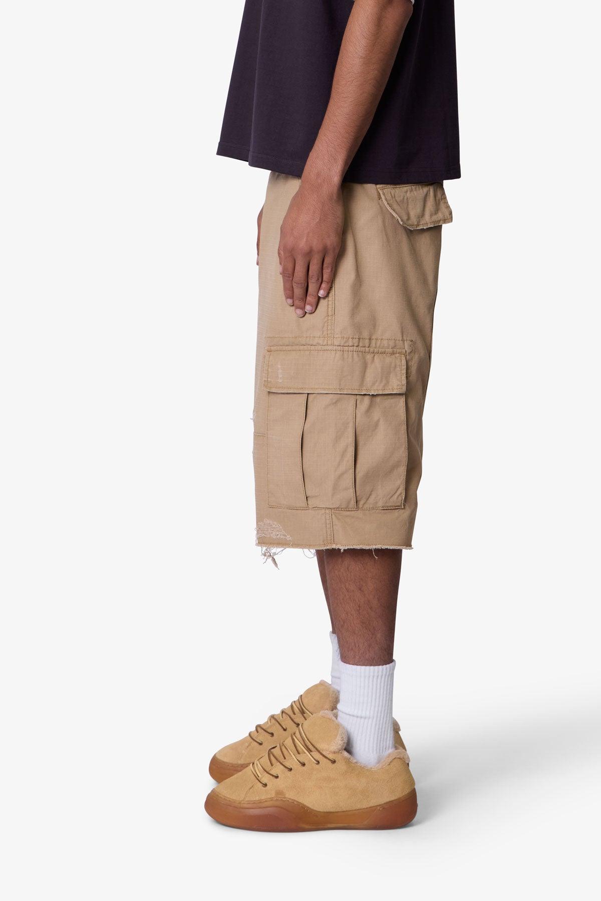 Baggy Distressed Cargo Shorts - Washed Khaki Product Image
