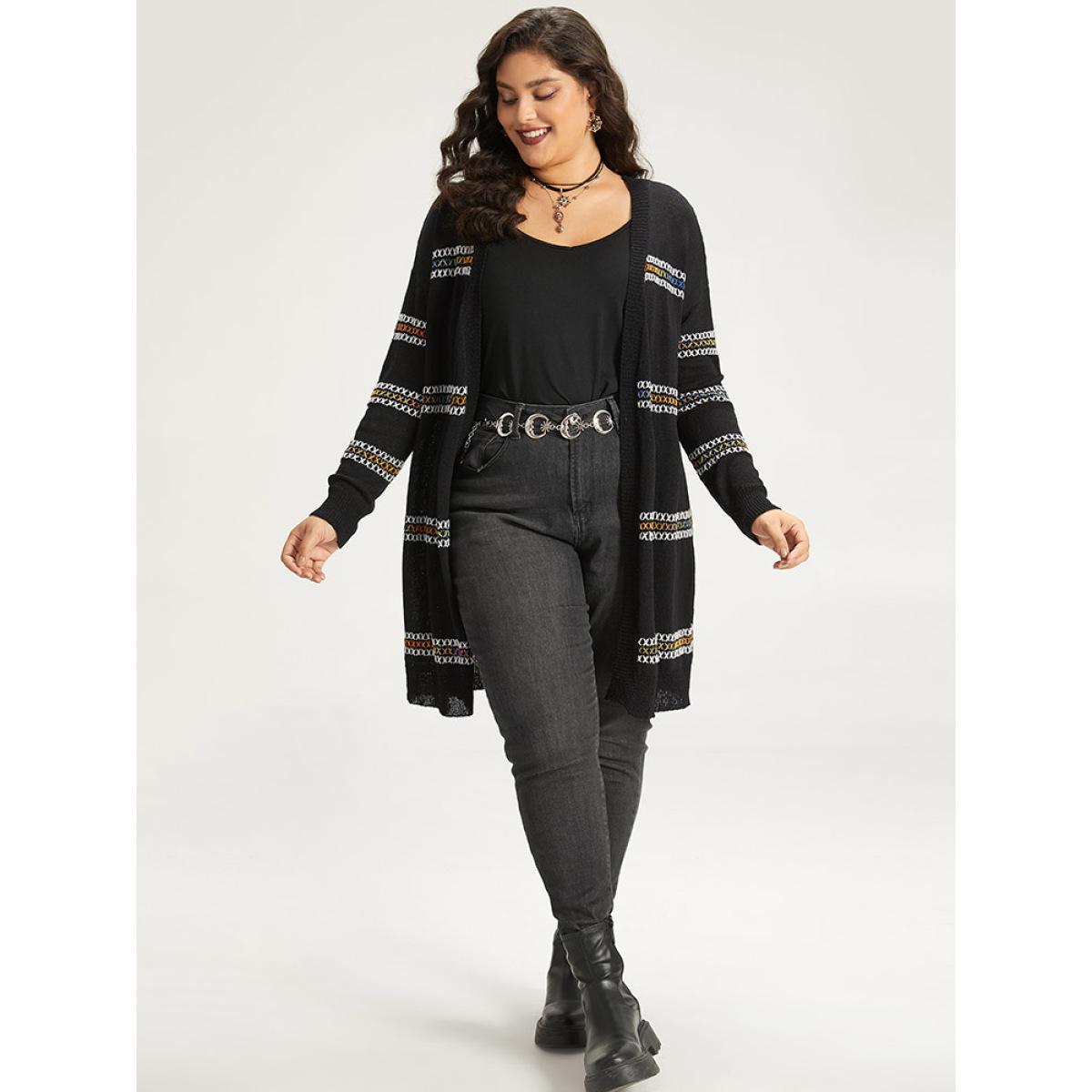 Plus Size Halloween Rainbow Contrast Drop Shoulder Cardigan Black Women Casual Loose Long Sleeve Festival-Halloween Cardigans BloomChic 12/L Product Image