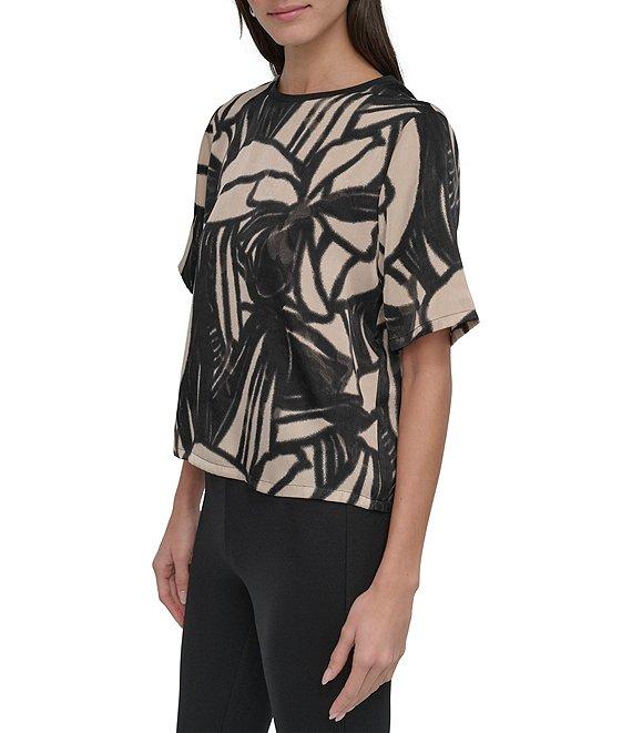 DKNY By Donna Karan Printed Twill Crew Neck Short Sleeve Top Product Image