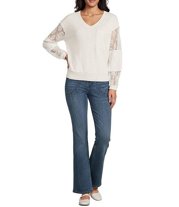 Nurture Petite French Terry Lace & Rib V-Neck Drop Shoulder Front Pocket Knit Pullover Product Image