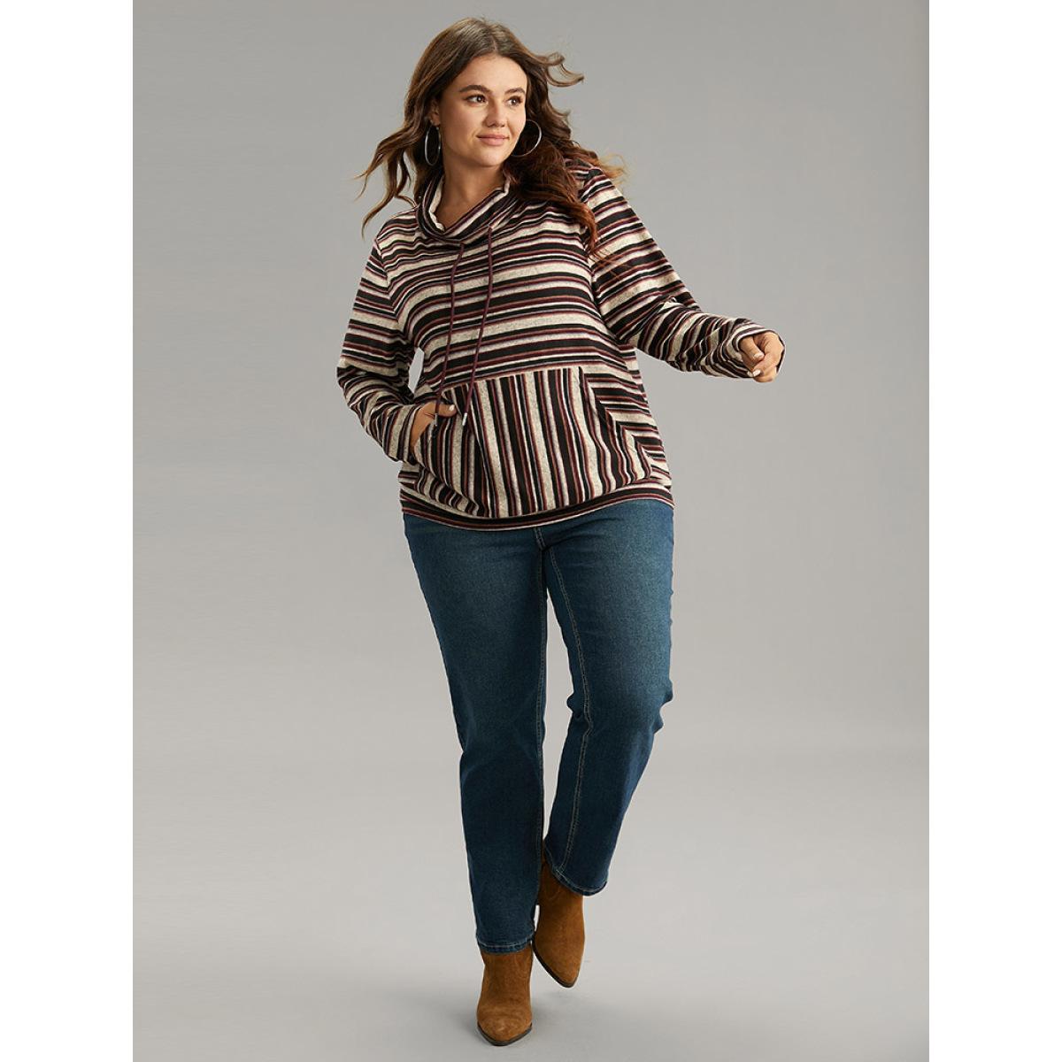 Plus Size Striped Mock Neck Drawstring Pocket T-shirt Burgundy Women Casual Contrast Striped Mock Neck Dailywear T-shirts BloomChic 22-24/3X Product Image