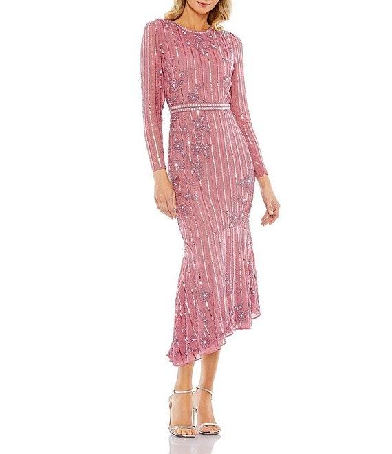Mac Duggal Long Sleeve Beaded Sequin Flounce Asymmetrical Hem Dress Product Image