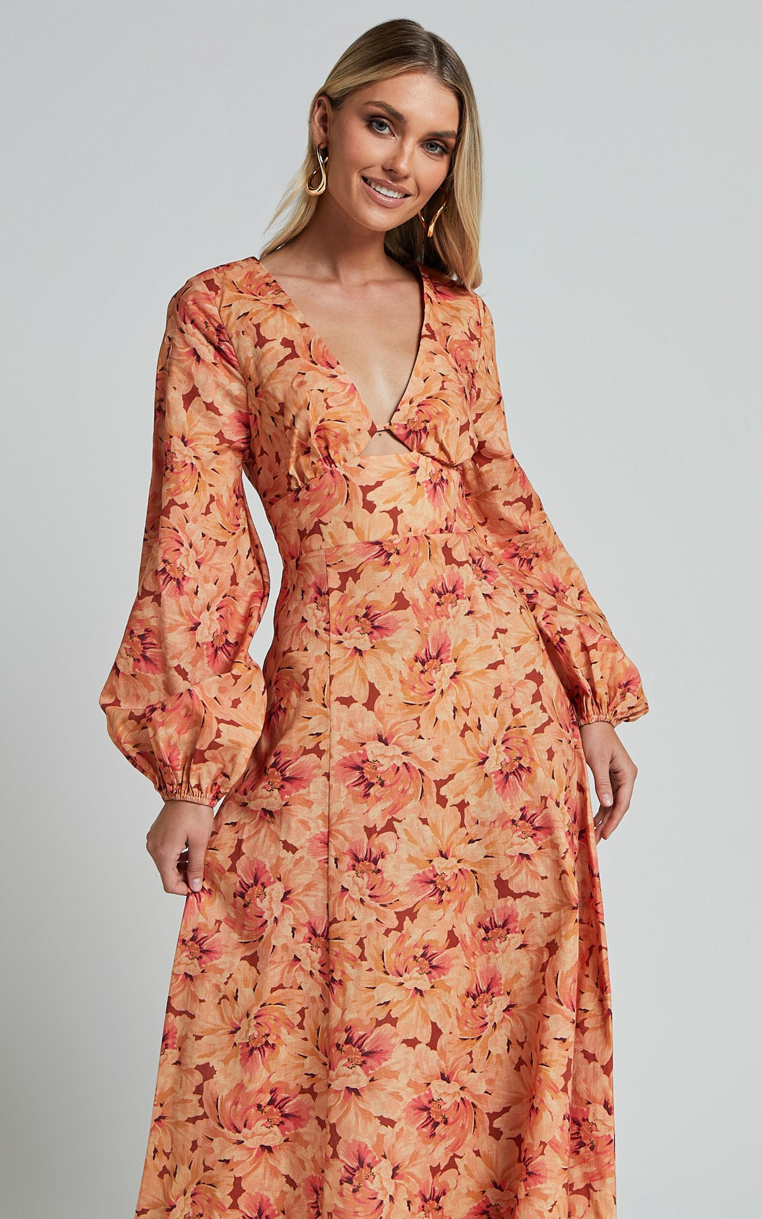 Amalie The Label - Maraien Linen Blend V Neck Front Keyhole Maxi Dress in Valencia Print Product Image