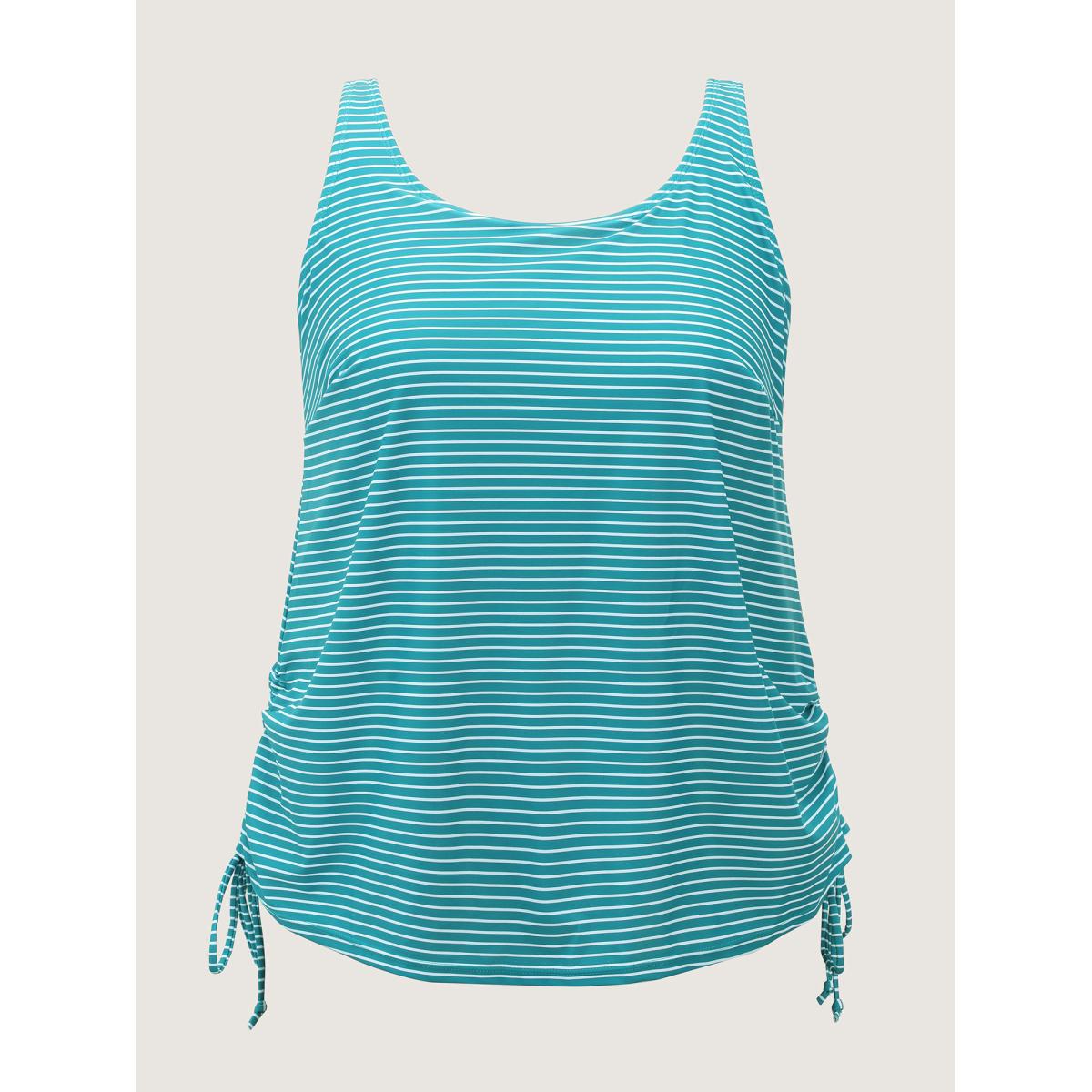 Plus Size Striped Non-Removable Cups Swim Top Women's Swimwear Teal Resort Drawstring High stretch Bodycon U-neck Curve Swim Tops BloomChic 18-20/2X Product Image