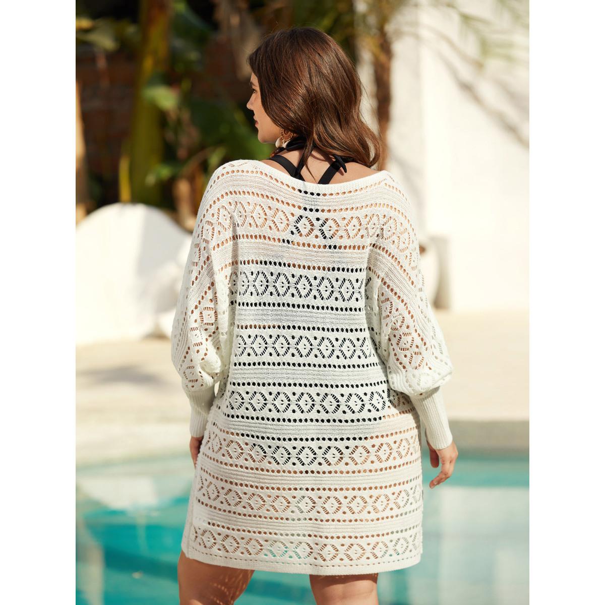 Plus Size Textured Cut-Out Balloon Sleeve Swim Cover-Up Women's Swimwear Ivory Beach Loose Texture Curve Swim Cover Ups BloomChic 22-24/3X Product Image