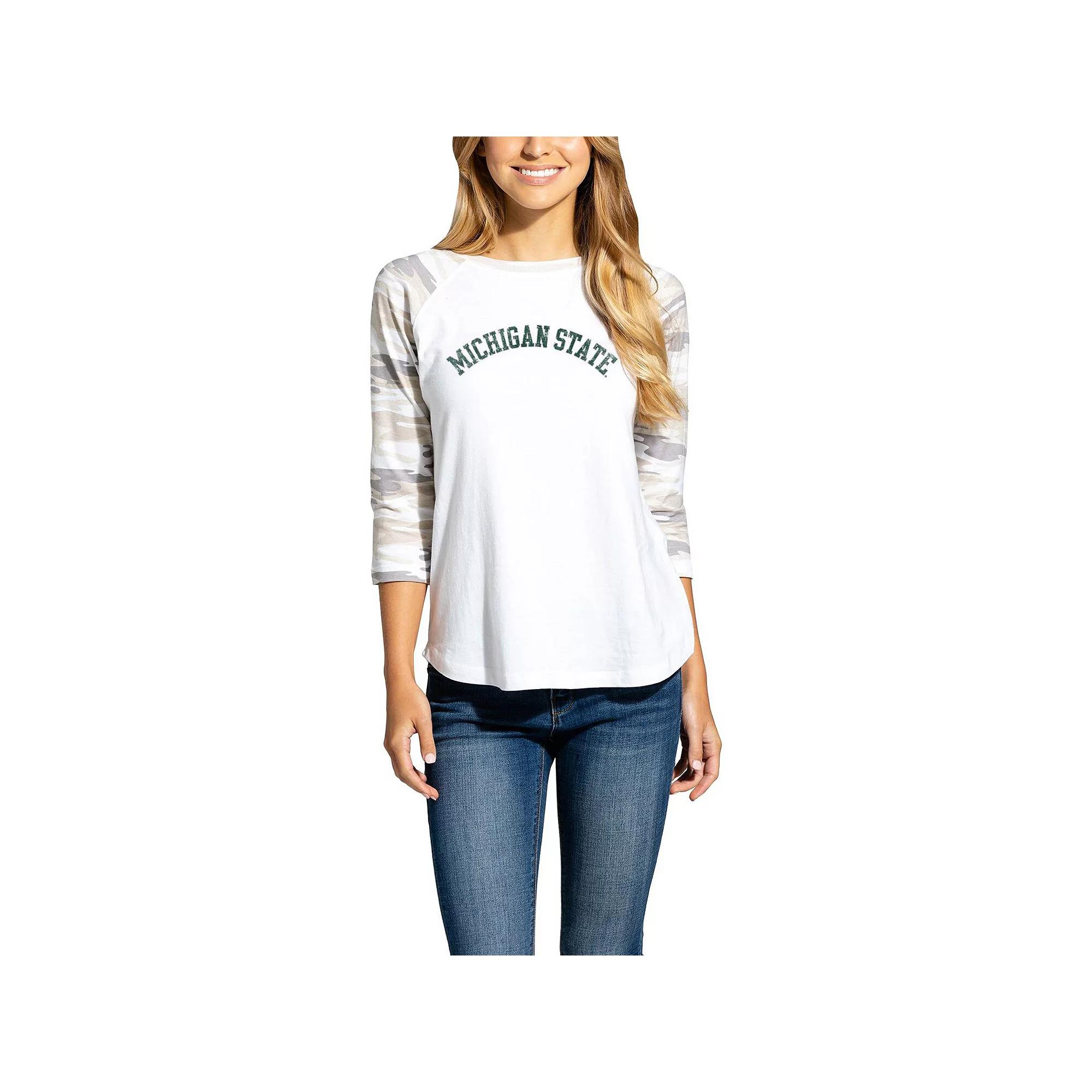 Women's White/Camo Michigan State Spartans Boyfriend Baseball Raglan 3/4-Sleeve T-Shirt, Size: Medium Product Image