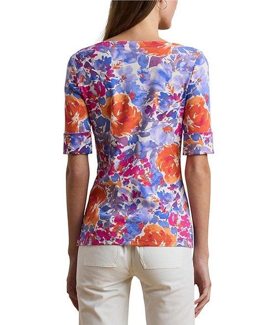 Lauren Ralph Lauren Stretch Cotton Floral Print Boat Neck Elbow Sleeve T-Shirt Product Image