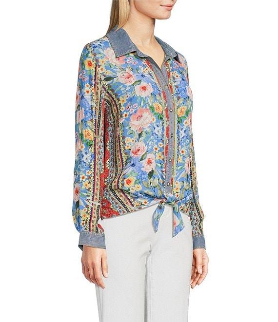 John Mark Embroidered Multi Floral Point Collar Long Roll-Tab Sleeve Tie-Front Top Product Image