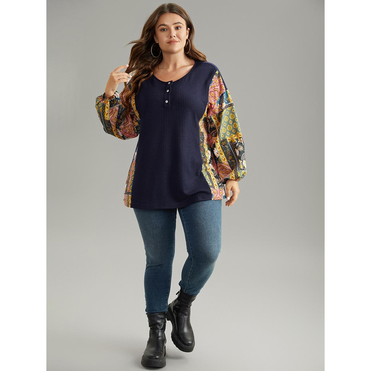 Plus Size Boho Print Button Up Patchwork Lantern Sleeve Sweatshirt DarkBlue Women Casual Elastic cuffs Bohemian Print Open Front Dailywear T-shirts BloomChic 28/5X Product Image