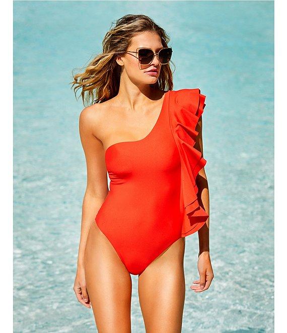 Antonio Melani Solid One Shoulder Ruffle One Piece Swimsuit Product Image