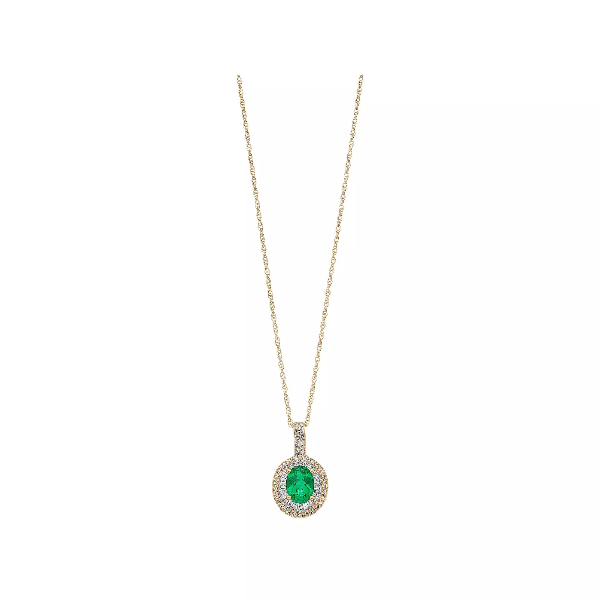 14k Gold Over Silver Lab-Created Emerald & Lab-Created White Sapphire Oval Halo Pendant, Women's, Size: 18", Gold Tone Product Image