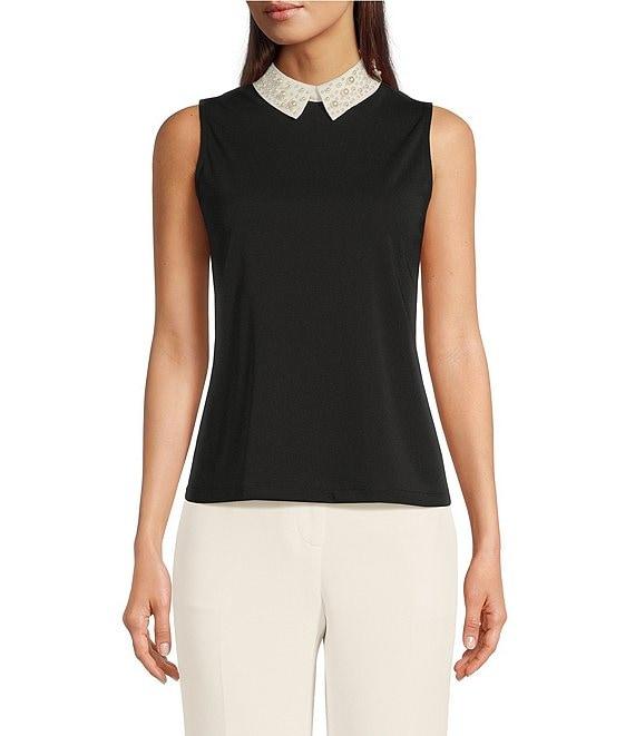 KARL LAGERFELD PARIS Knit Matte Jersey Pearl Collar Sleeveless Top Product Image