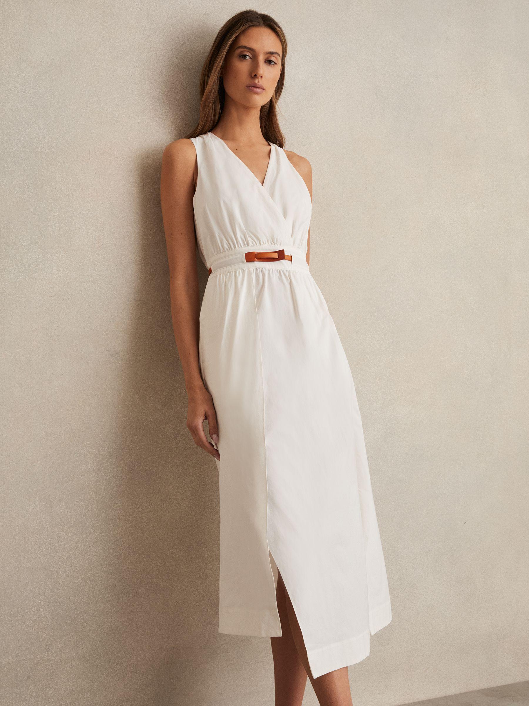 Poplin Belted Split Midi Dress in Ivory Product Image