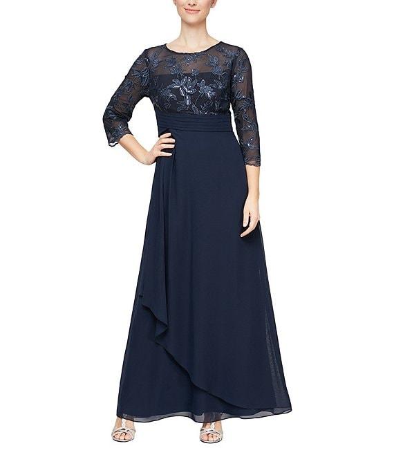 Alex Evenings Boat Neck 3/4 Sleeve Embroidered Bodice Asymmetrical Cascade Skirt Stretch Tulle A Line Gown Product Image