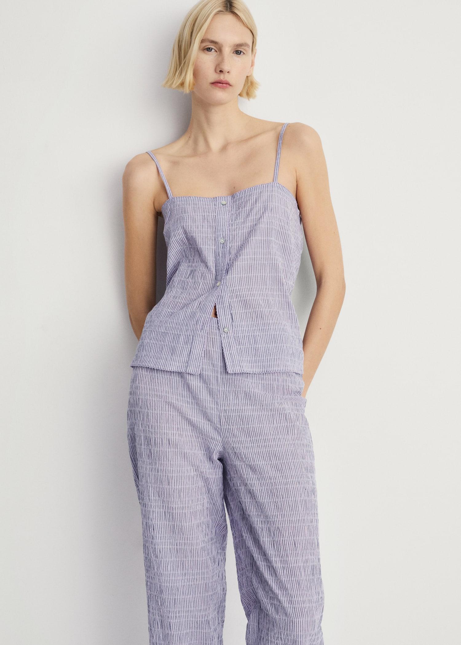 Cotton striped woven seersucker pants - Women | MANGO USA Product Image