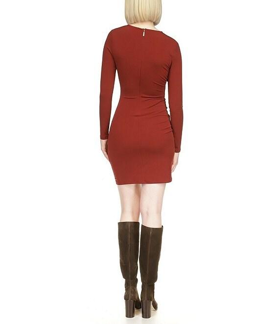 Michael Kors Matte Jersey Crew Neck Long Sleeve Side Ruched Bodycon Dress Product Image