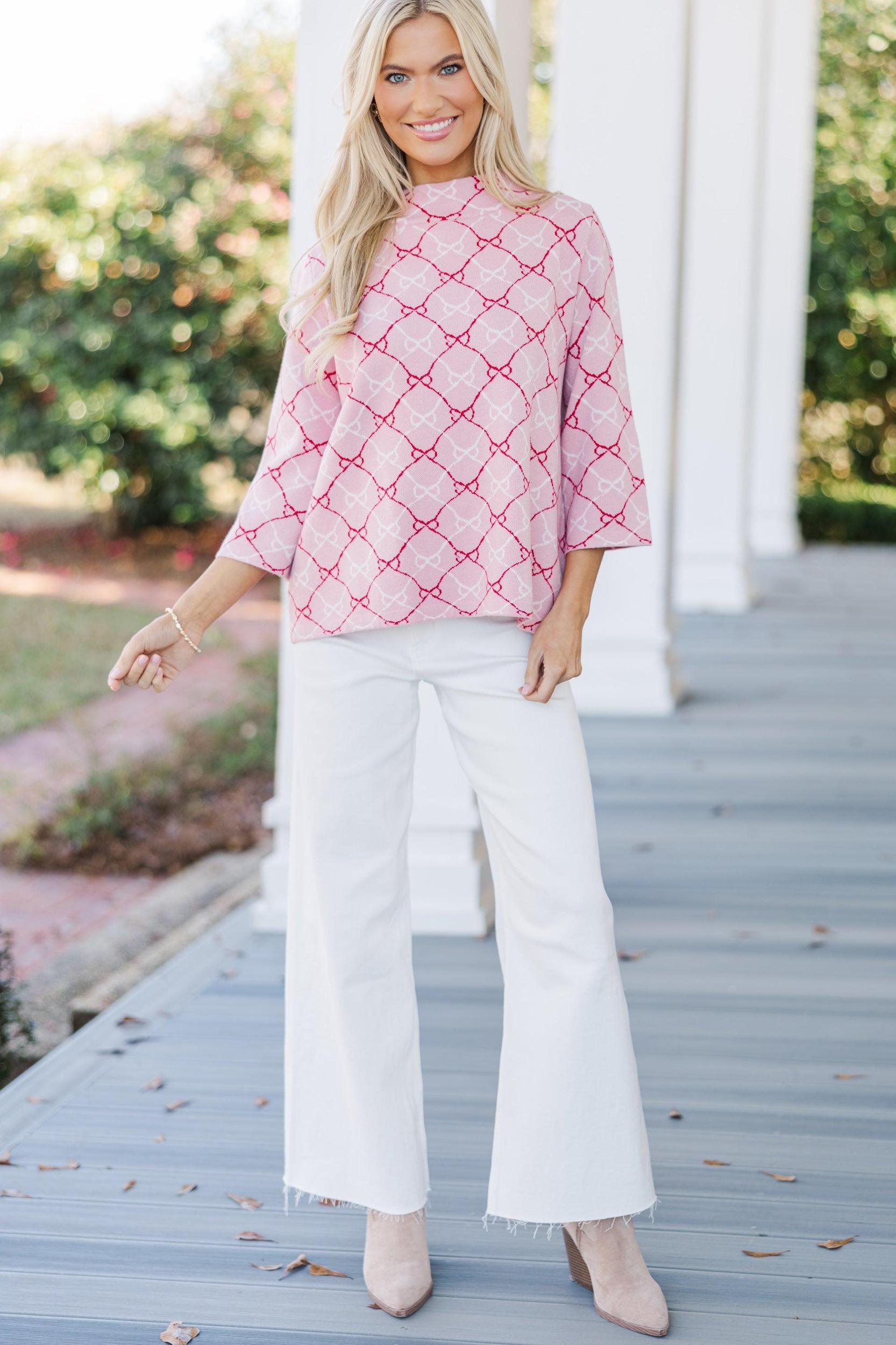 Just A Feeling Pink Bow Print Mock Neck Sweater Female Product Image