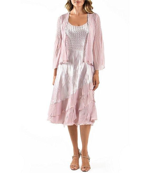 Komarov Beaded Scoop Neck Satin Charmeuse and Chiffon Mixed Media A-line Midi Jacket Dress Product Image