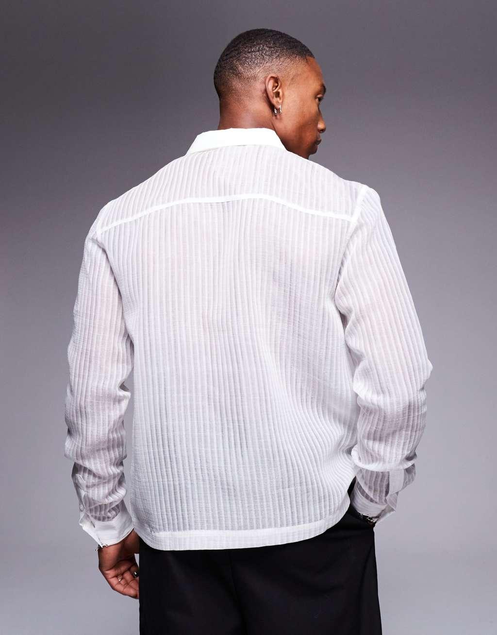 ASOS DESIGN slim fit shirt in sheer striped mesh in white Product Image