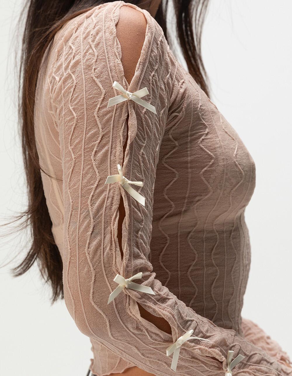 FULL TILT Textured Bow Womens Long Sleeve Top - IVORY Product Image