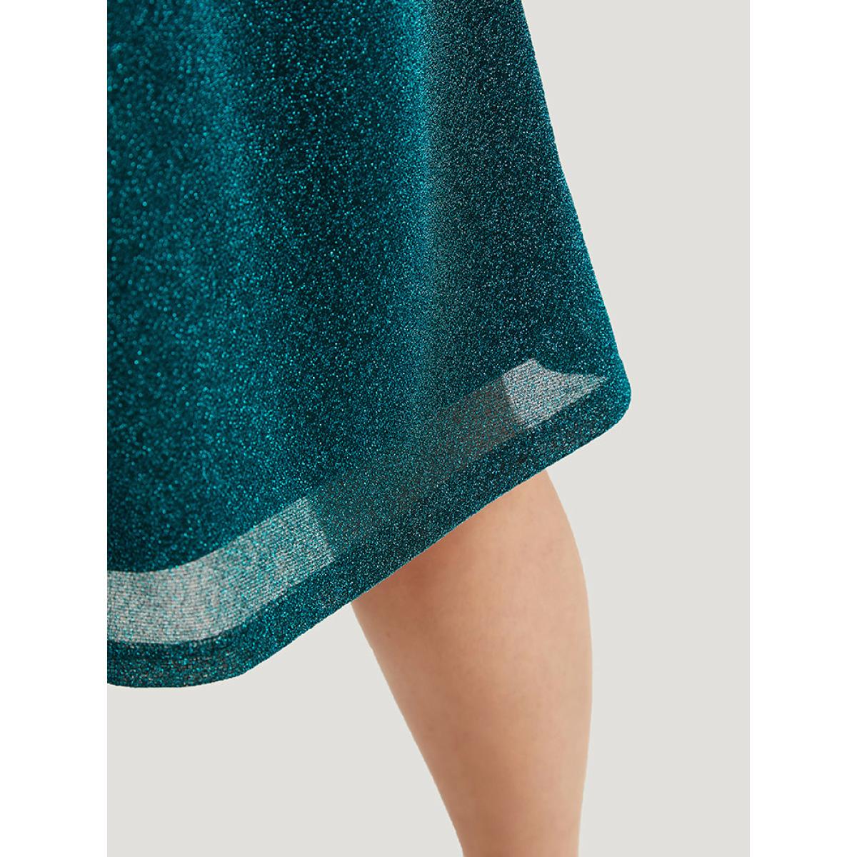 Plus Size Glitter Overlap Collar Pocket Ruched Dress Teal Women Elegant Elastic cuffs V-neck Long Sleeve Curvy Midi Dress BloomChic 22-24/3X Product Image