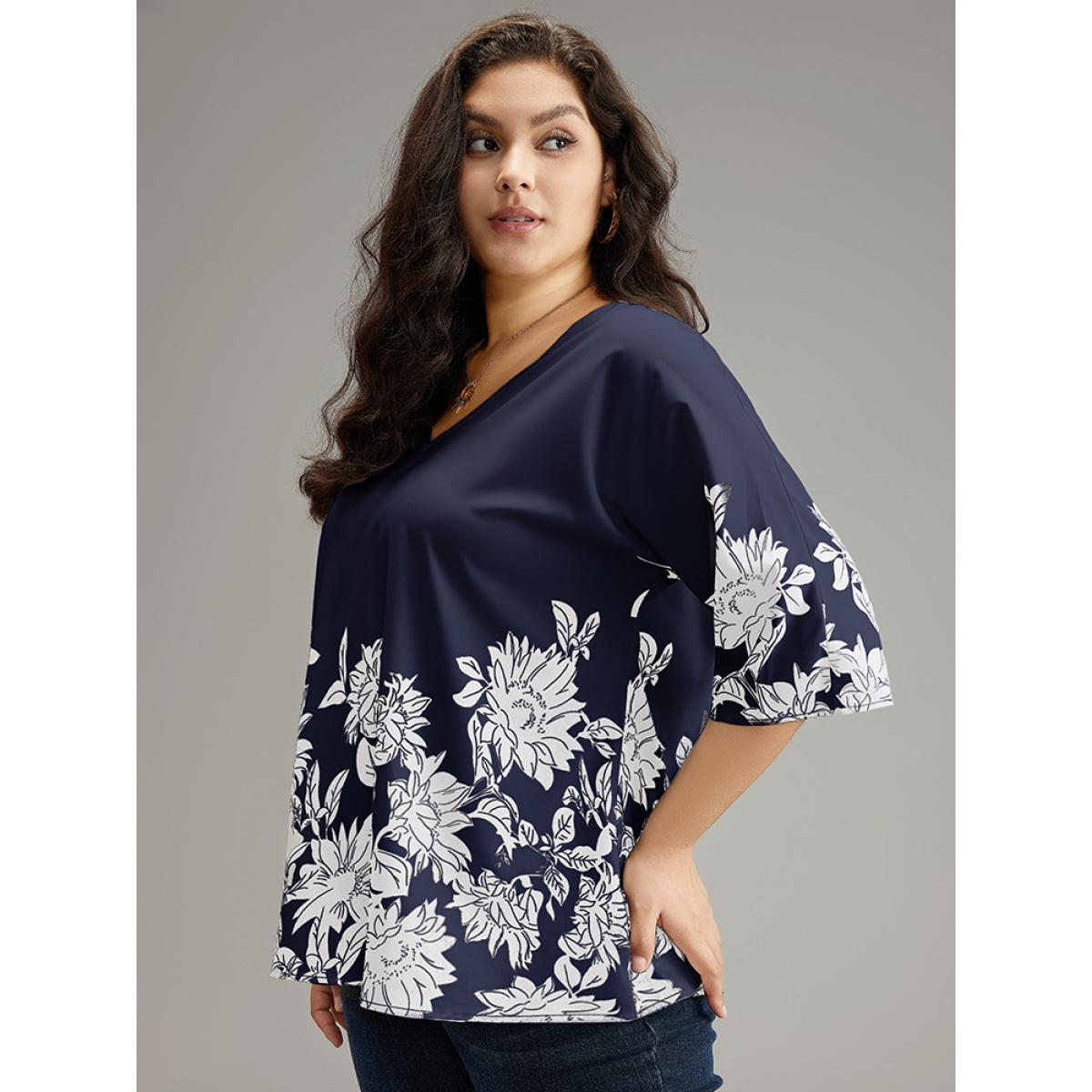 Plus Size Indigo Boho Print V Neck Cut Out Blouse Women Elegant Elbow-length sleeve V-neck Dailywear Blouses BloomChic 18-20/2X Product Image