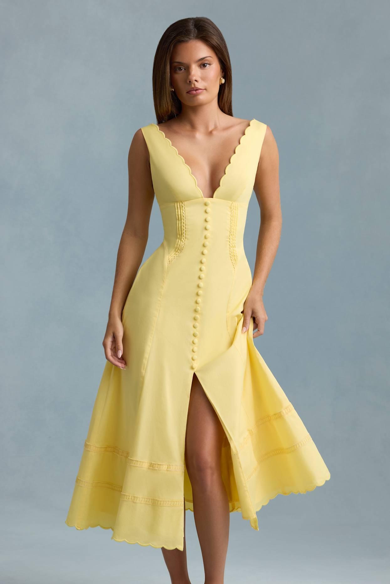 Cotton-Poplin A-Line Midaxi Dress in Pastel Yellow Product Image