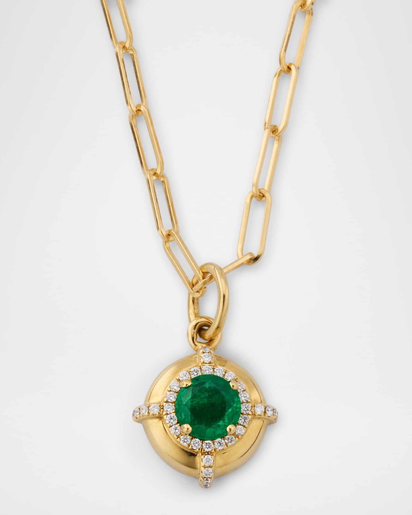 Limited Edition 18K Yellow Gold Faceted Round Emerald Medallion Pendant Necklace with Diamonds Product Image