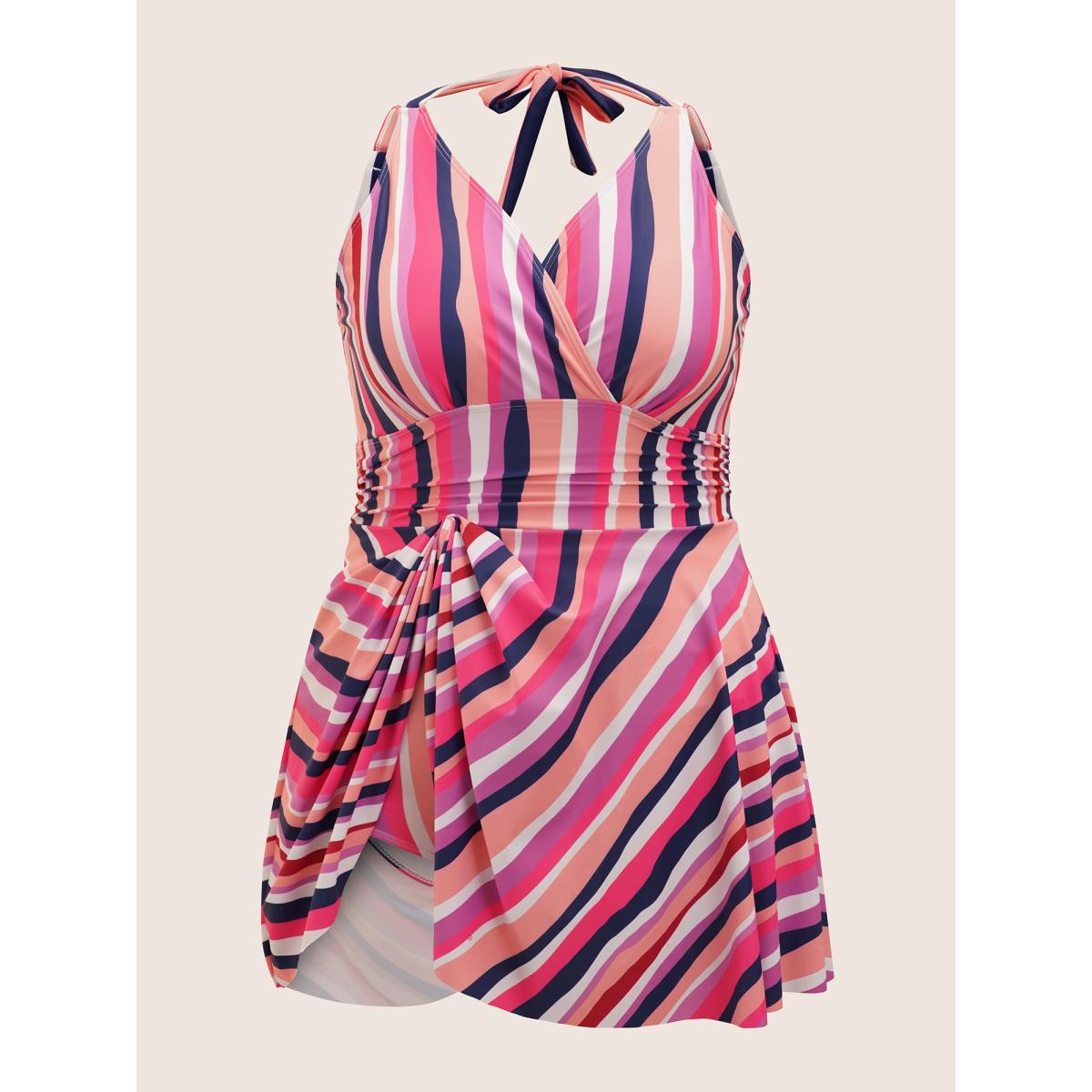 Plus Size Overlap Collar Striped Tie Knot Swim Dress Women's Swimwear Multicolor Beach Bodycon Overlap Collar High stretch Curve Swim Dresses BloomChic 26/4X Product Image