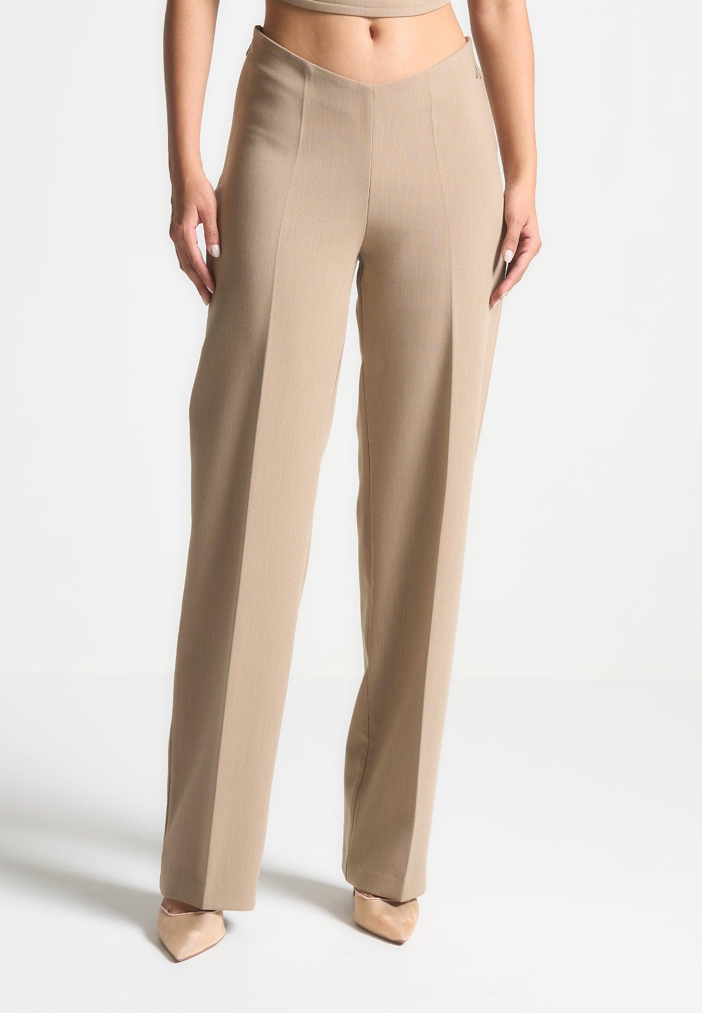 Curved Waist Tailored Trousers - Dark Beige Female Product Image