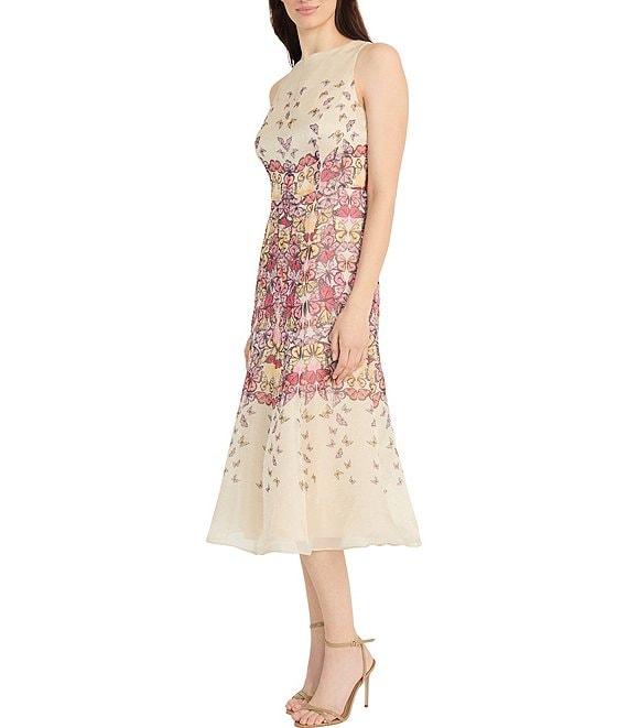 Maggy London Illusion Boat Neck Sleeveless Butterfly Printed Organza Trumpet Midi Dress Product Image
