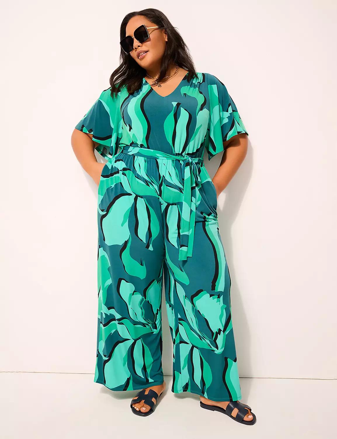 Flutter-Sleeve V-Neck Wide Leg Jersey Jumpsuit Product Image