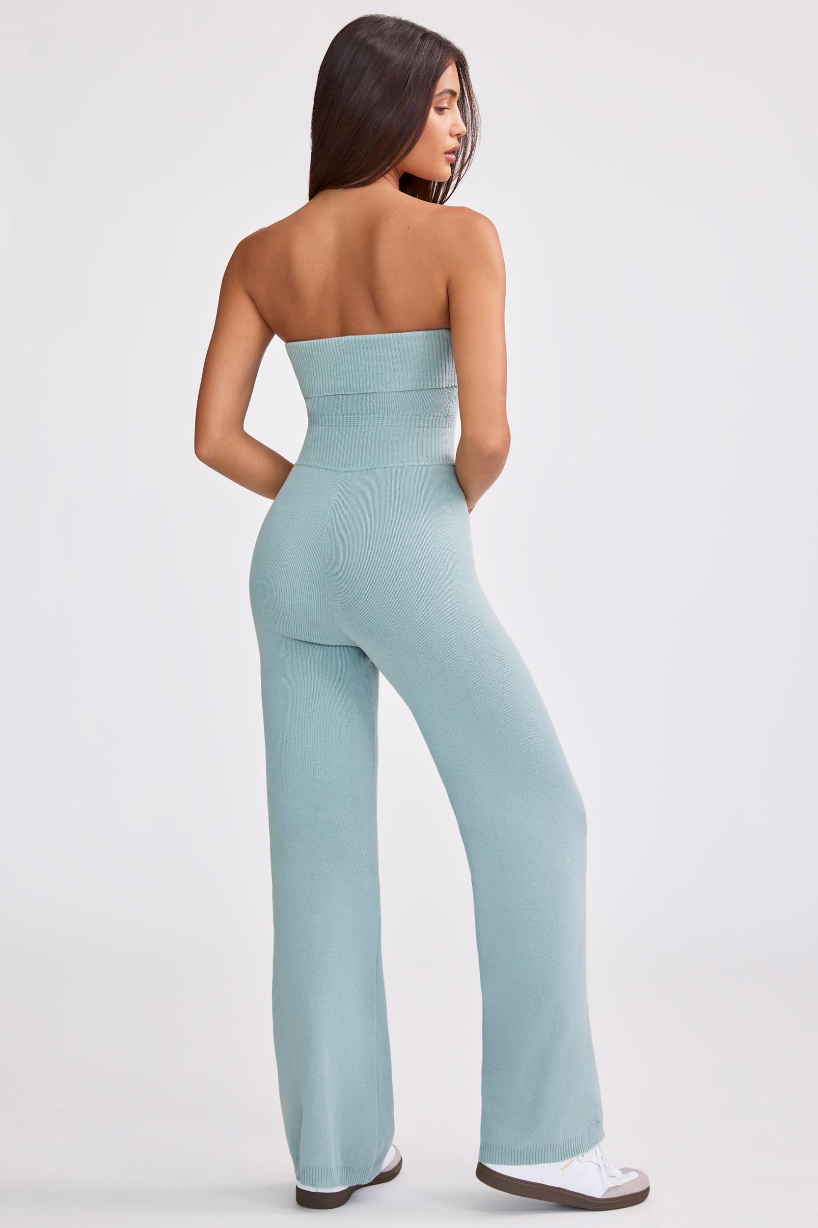 Chunky Knit Bandeau Kick Flare Jumpsuit in Dusty Teal Product Image