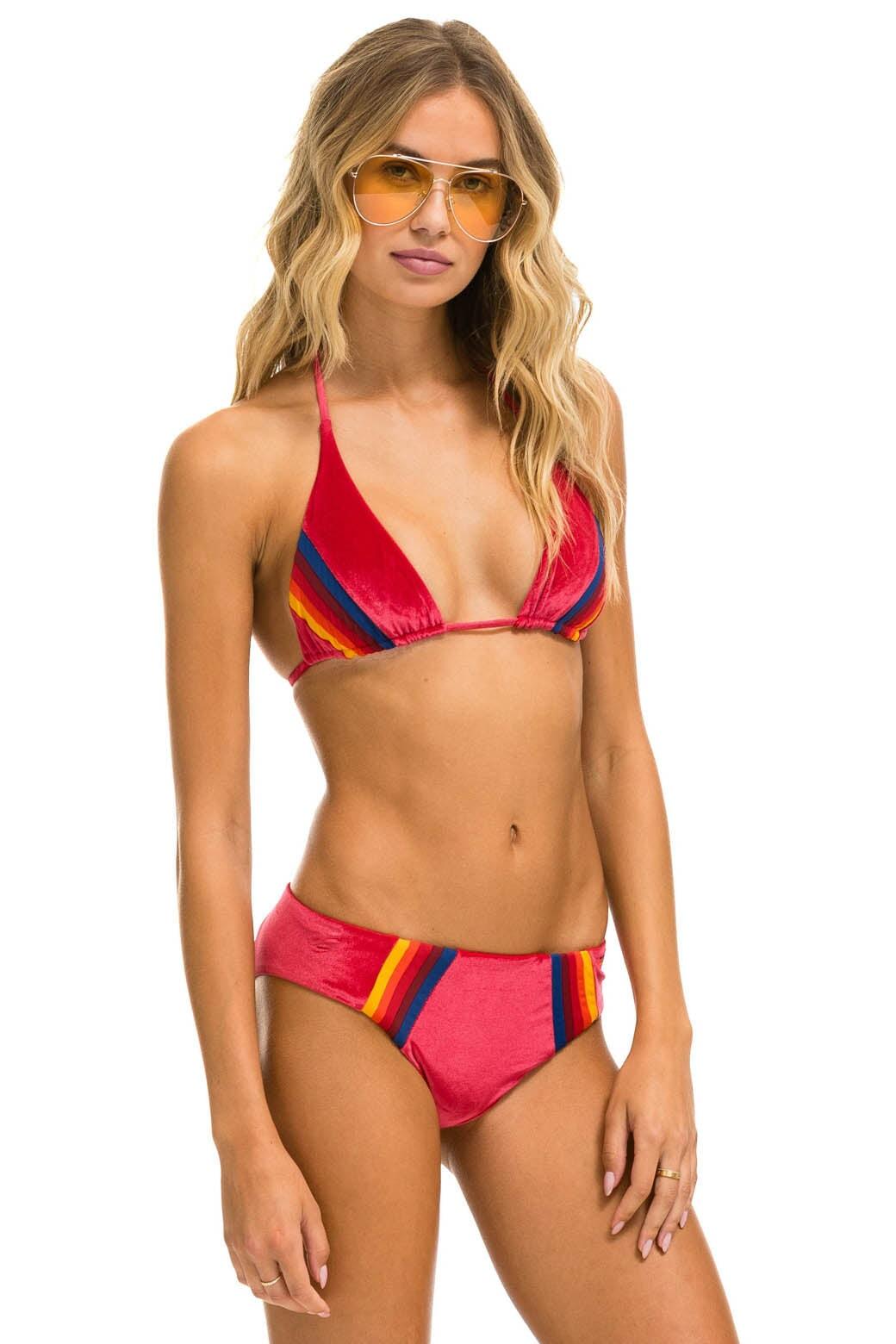 5 STRIPE VELVET TRIANGLE BIKINI TOP - RED Female Product Image