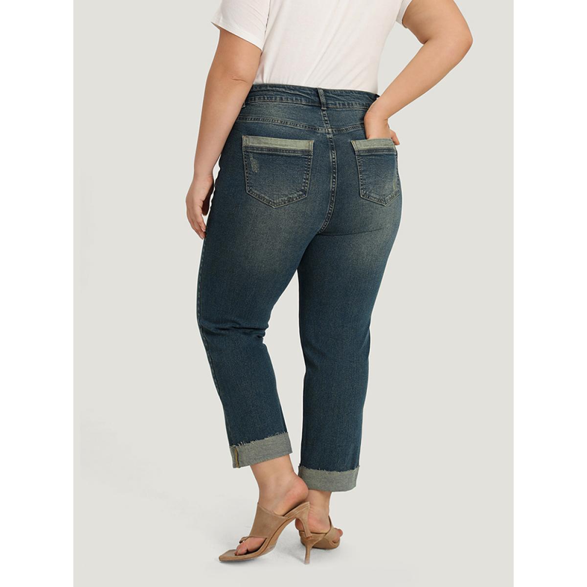 Plus Size Solid Ripped Roll Hem Pocket Straight Leg Jeans Women Indigo Casual Plain Plain High stretch Pocket Jeans BloomChic 10/M Product Image