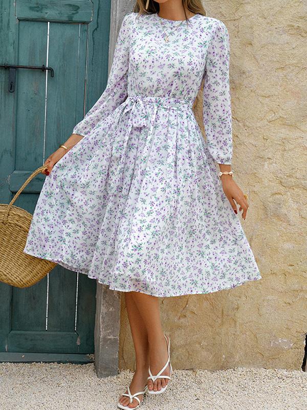 A-Line High Waisted Flower Print Tied Waist Round-Neck Midi Dresses Product Image