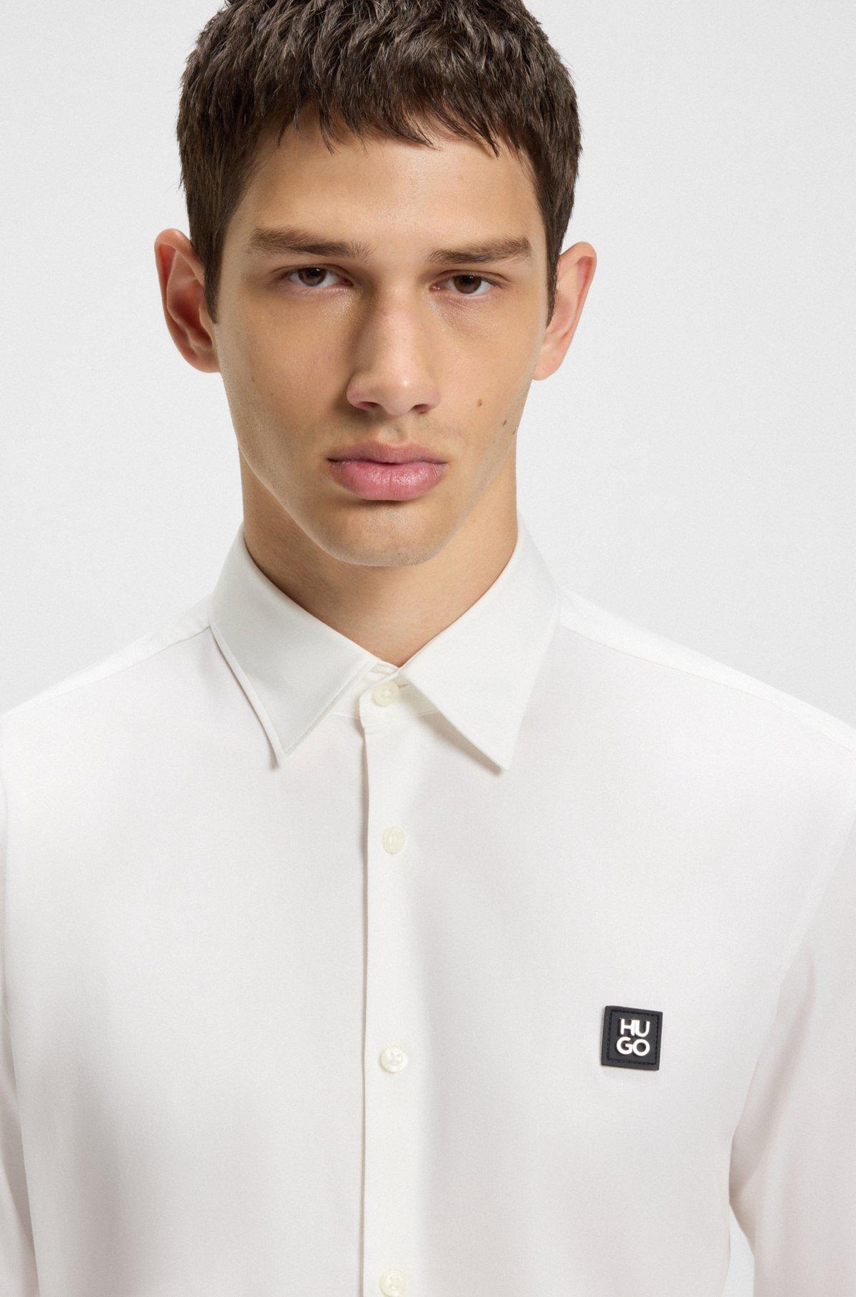 HUGO - Slim-fit shirt in cotton poplin with logo stripe - White Product Image