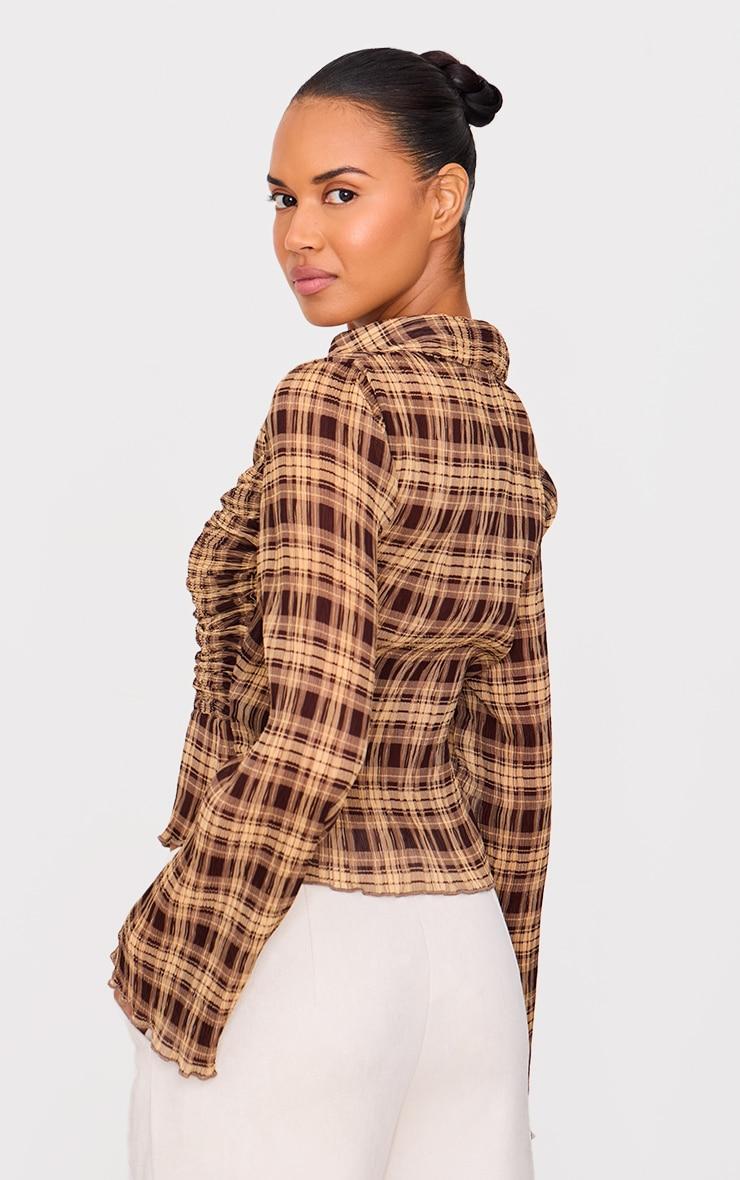 Brown Plisse Chiffon Check Blouse Product Image