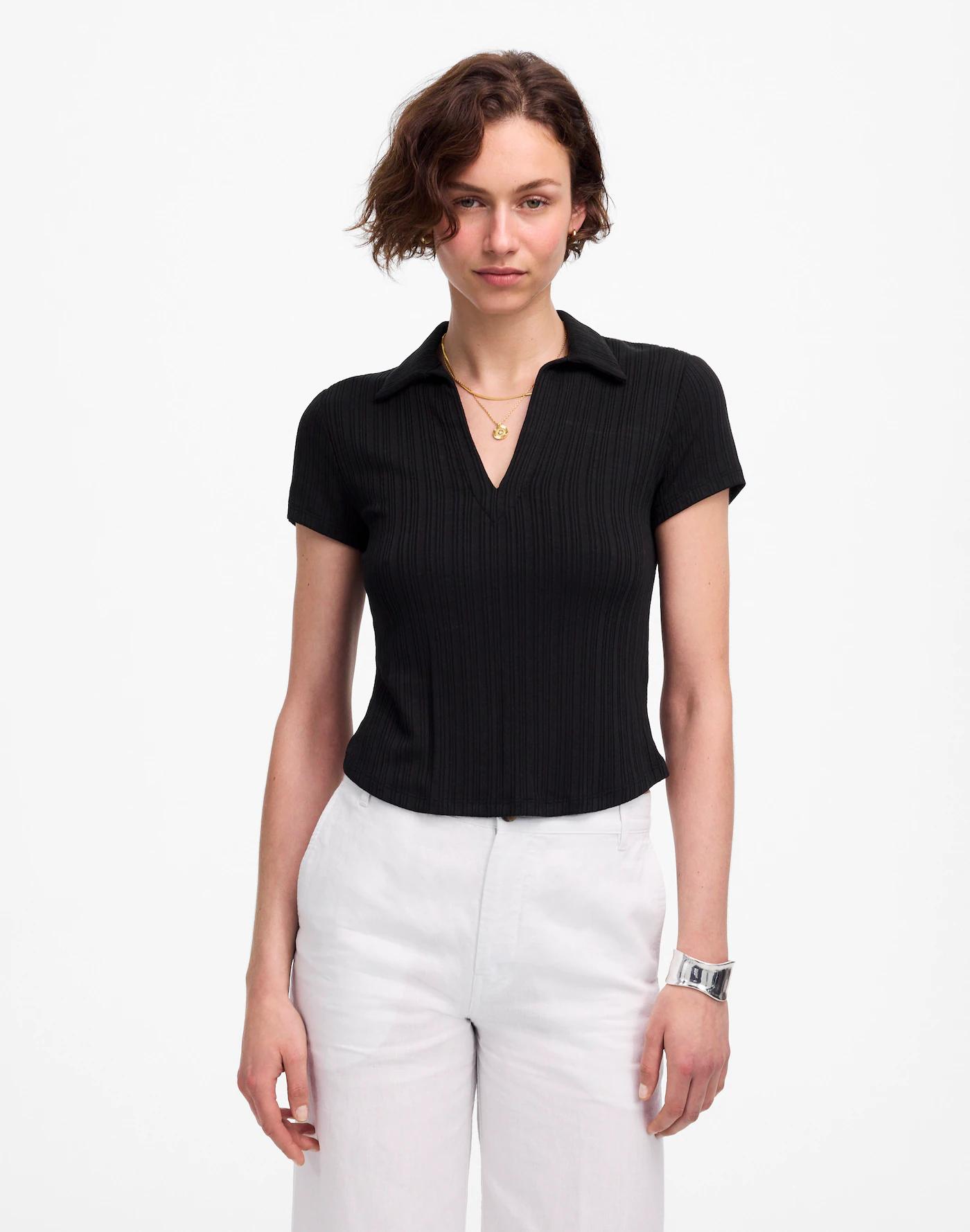 Ribbed V-Neck Polo Tee Product Image